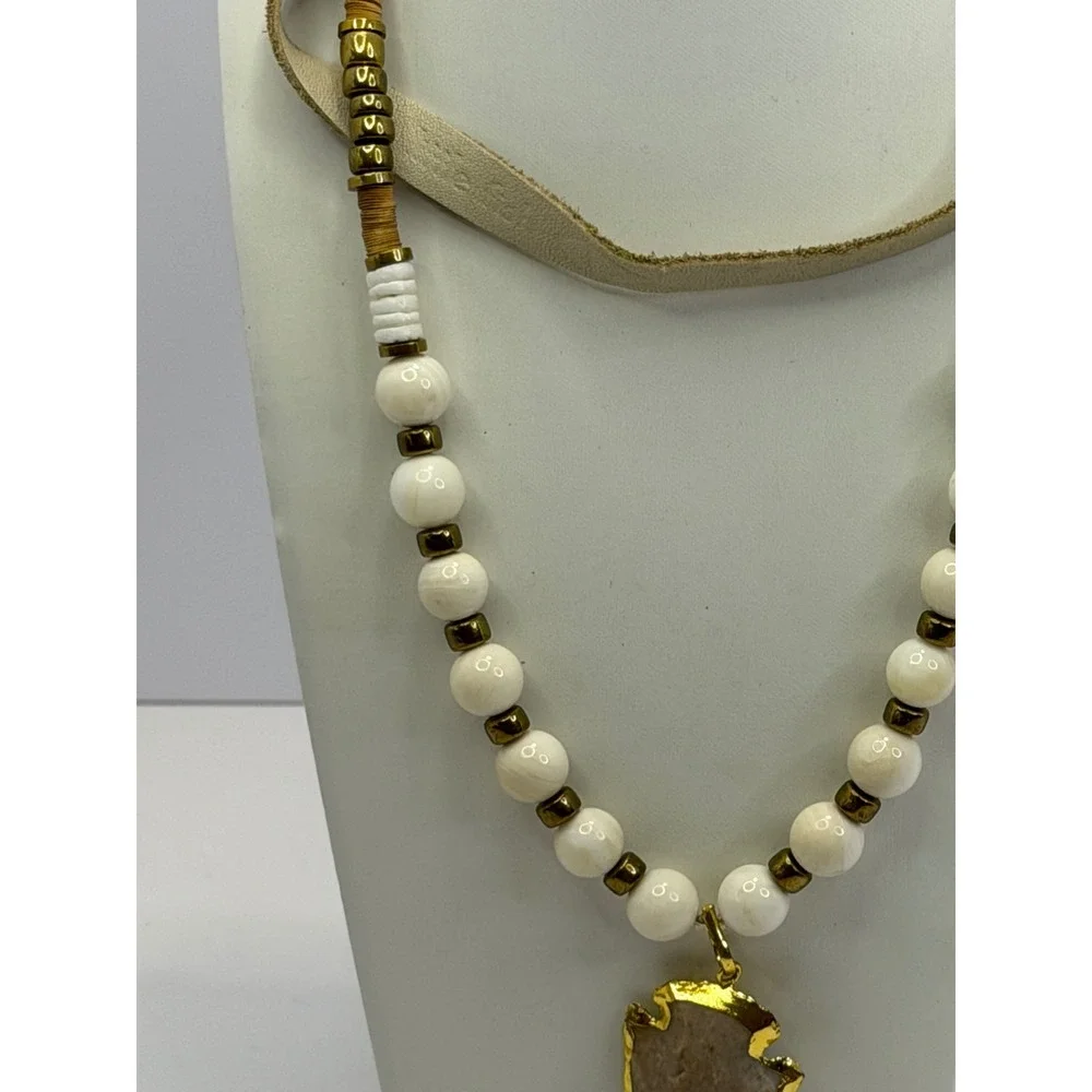 Bo Teak Gold Arrowhead Pendant‎ Leather Beaded Necklace Cream Tan Southwestern
